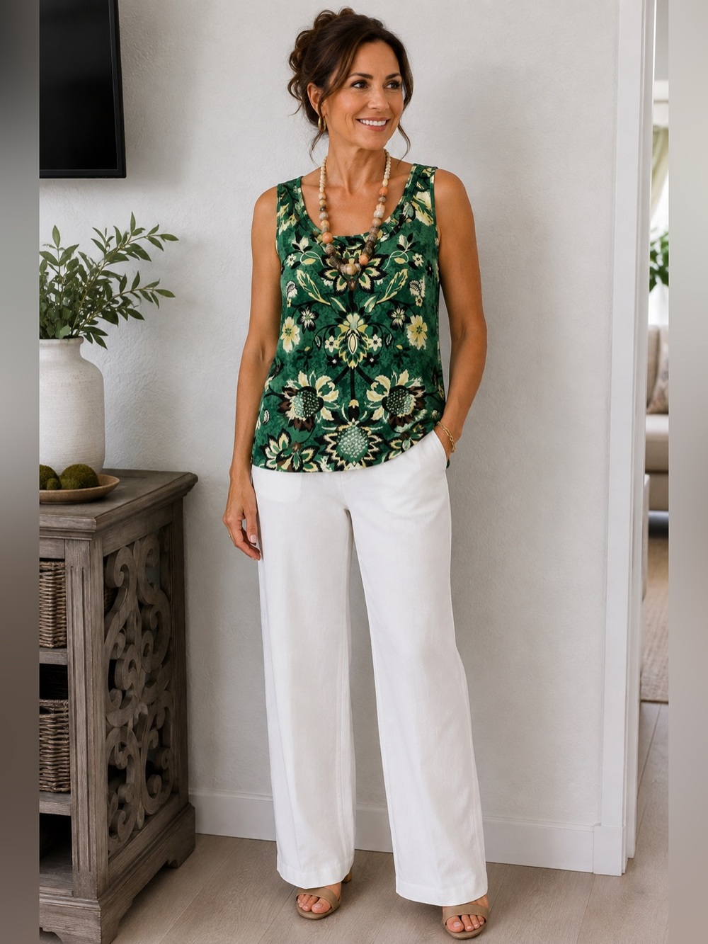 Chicos Sleeveless Green Floral Tank Top - Casual Women's Top